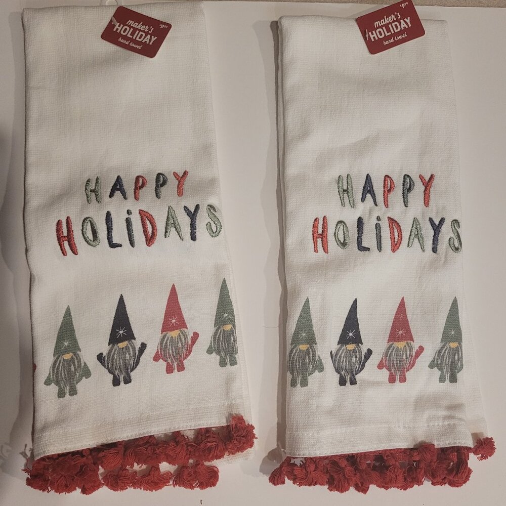 NWT Maker's Holiday Gnome Kitchen Hand Towels White and Red 16 x 28 in